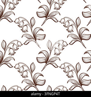 Lily valley seamless pattern with scattered flowering stems and hanging bells, hand drawn vector repeat featuring curved leaves, delicate blossoms and Stock Vector