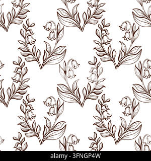 Lily valley seamless pattern with repeated floral groups, curved leaves and small hanging bells, hand drawn vector repeat featuring compact botanical Stock Vector