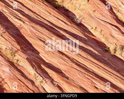 Sunlight showing the textured surface of red sandstone rock. No people. Backgrounds. Stock Photo