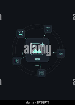 Generative AI creative tools with connected technology symbols and editable geometric shapes. Stock Vector