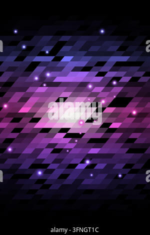 Layered parallelogram tiles form luminous horizontal bands on a black background. Scattered luminous points accent the geometric surface. Stock Vector