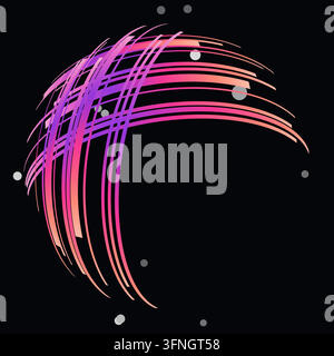 Rectangular gradient strips with squared ends wrap around an invisible sphere to form a crossing spherical ribbon fan on a black background with lower Stock Vector