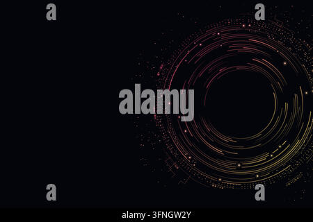 Concentric digital rings and fine circuit details form a circuit core on black. Editable vector artwork. Bright nodes accent the rings. Open left copy Stock Vector