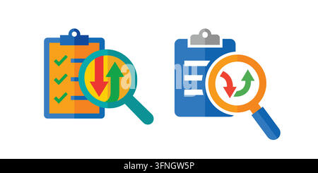 Data Analysis Icons with Clipboard and Magnifying Glass Showing Up and Down Trends on white background isolated Stock Vector