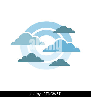 Stylized Vector Illustration of Blue Clouds Over Concentric Circular Sky Patterns on white background isolated Stock Vector