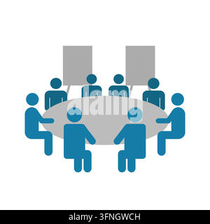 Business meeting vector icon with group of people sitting around an oval conference table and presentation boards in the background on white backgroun Stock Vector