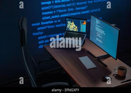 Modern developer workstation with multiple screens displaying code, software interfaces and data visualization in a dark blue-lit office environment. Copy space Stock Photo