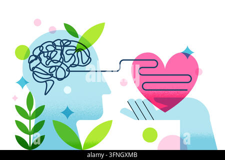 Vector abstract flat mental health, emotional intelligence concept. Psychology design template with human head silhouette, brain line tangle, pink hea Stock Vector