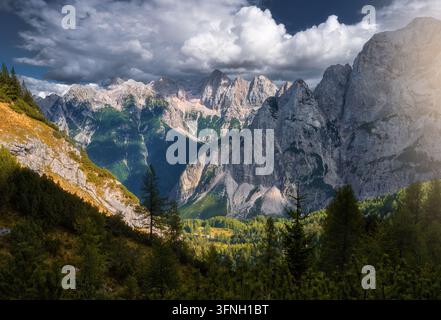 Majestic rocky mountain range with pine trees valley at sunset Stock Photo