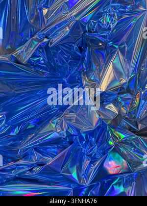 Abstract blue holographic material texture with vibrant rainbow highlights and deep shadows. Shiny crumpled surface reflects light creating geometric Stock Photo