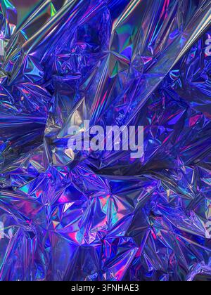 Abstract composition of crumpled reflective metallic foil with vibrant blue and pink color shifts. Textured surface catches light creating geometric p Stock Photo