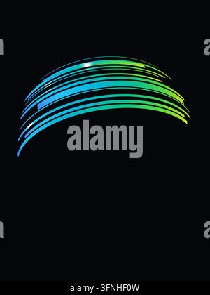Rectangular gradient strips with squared ends wrap around an invisible sphere to form a spherical ribbon wave on a black background with lower right c Stock Vector