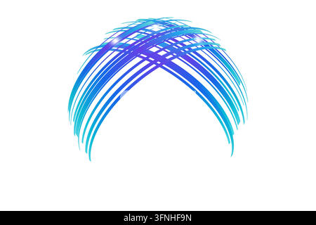 Rectangular gradient strips with squared ends wrap around an invisible sphere to form a crossing spherical ribbon fan on a white background with lower Stock Vector