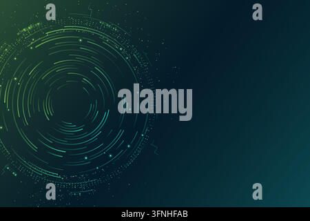 Concentric digital rings and fine circuit details form a circuit core on a dark color gradient. Editable vector artwork. Bright nodes accent the rings Stock Vector