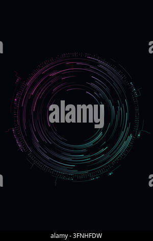 Concentric digital rings and fine circuit details form a circuit core on black. Editable vector artwork. Open central copy space for text. Stock Vector