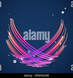 Rectangular gradient strips with squared ends wrap around an invisible sphere to form a crossing spherical ribbon fan on a deep blue background with u Stock Vector