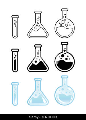 Laboratory glassware icons set. Chemical test tube, erlenmeyer flask, and round bottom flask. Vector illustration. Stock Vector