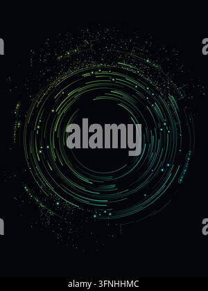 Concentric digital rings and fine circuit details form a orbital trails on black. Editable vector artwork. Bright nodes accent the rings. Open central Stock Vector