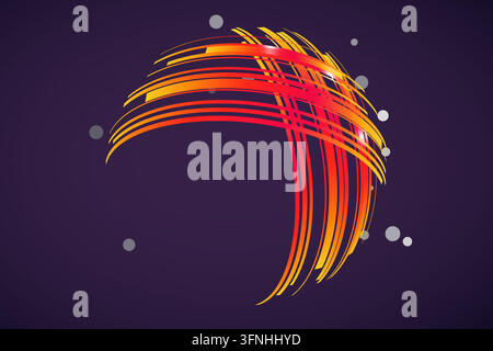 Rectangular gradient strips with squared ends wrap around an invisible sphere to form a crossing spherical ribbon fan on a midnight purple background Stock Vector
