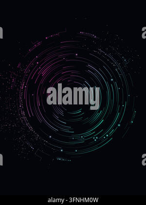 Concentric digital rings and fine circuit details form a orbital trails on black. Editable vector artwork. Bright nodes accent the rings. Open central Stock Vector