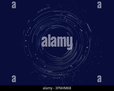Concentric digital rings and fine circuit details form a orbital trails on deep blue. Editable vector artwork. Bright nodes accent the rings. Open cen Stock Vector