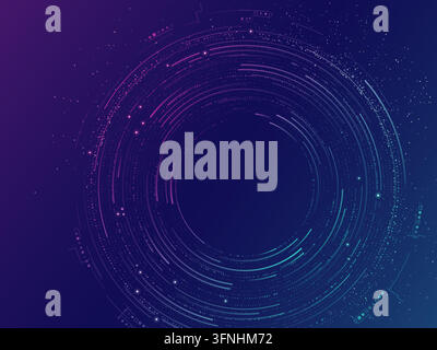 Concentric digital rings and fine circuit details form a neon eclipse on a dark color gradient. Editable vector artwork. Bright nodes accent the rings Stock Vector