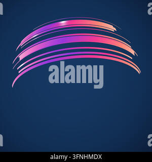 Rectangular gradient strips with squared ends wrap around an invisible sphere to form a spherical ribbon wave on a deep blue background with lower rig Stock Vector