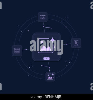 Generative AI creative tools with connected technology symbols and editable geometric shapes. Stock Vector