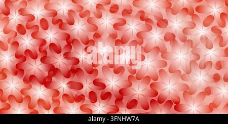 Seamless abstract red background featuring a repeating floral pattern with soft overlapping petals and glowing centers. Stock Photo