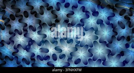 An abstract design featuring a repeating flower motif and wavy, flowing lines in various shades of blue. Stock Photo