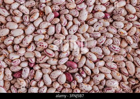 Close-up top view of dried borlotti beans filling the frame, showing speckled pink and cream patterns. Natural food texture background for cooking, nu Stock Photo