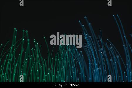 Abstract glowing optic fiber strands create luminous blue and green trails against a deep black background, representing high-speed data transfer, dig Stock Photo