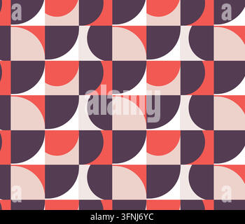 Contemporary seamless geometric pattern featuring abstract half circles and square blocks in coral, plum, blush beige, and light gray. Stock Vector