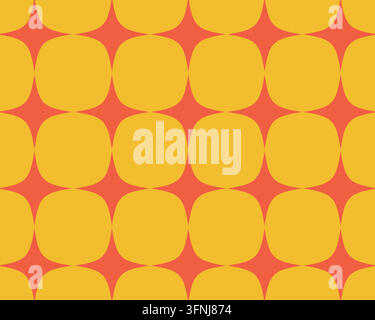 Bold, seamless geometric pattern featuring mustard yellow rounded square forms arranged in a repeating grid against a vibrant orange background Stock Vector