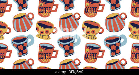 Seamless pattern with cute coffee mugs and tea cups. Hand drawn drinkware repeating vector print Stock Vector