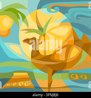 Serene minimalist landscape showing a silhouette of a camel walking across desert sand dunes under a giant sun. Stock Vector