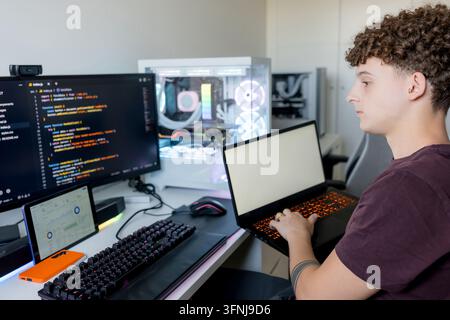 Man Using Software Man with Headset Working on Cybersecurity Monitoring in Office Stock ...