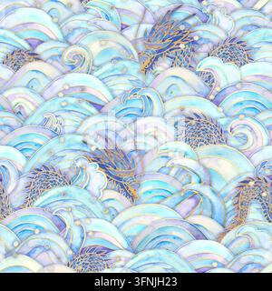 Watercolor seamless pattern with Chinese dragons among swirling blue, turquoise and lavender ocean waves, accented with delicate golden outlines. Eleg Stock Photo
