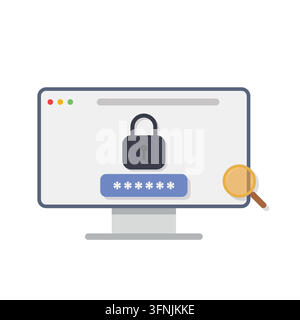 A vector illustration showing a computer monitor displaying a login screen with a padlock icon, password dots, and a magnifying glass, symbolizing dig Stock Vector