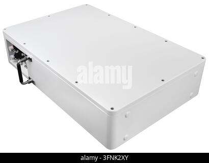 White portable power supply box with side handle and terminals Stock Photo
