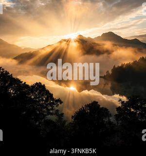 Sunrise sun rays breaking over misty mountains reflected in calm lake at dawn, golden light through fog with tree silhouettes in foreground Stock Photo