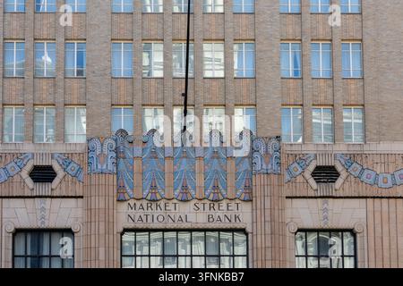 Philadelphia, Pennsylvania - August 29, 2026: Architectural eye level view of ornate polychrome art deco entrance portal and terracotta details on Mar Stock Photo