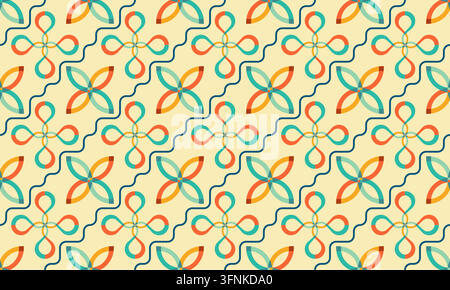 A repeating abstract pattern featuring stylized four petal flower shapes and wavy lines in teal orange and yellow hues on a cream colored backdrop Stock Vector