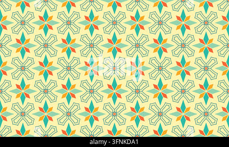 A vibrant seamless pattern featuring colorful star shaped flowers and detailed geometric line art crosses on a pale yellow backdrop Stock Vector