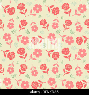 Elegant floral pattern featuring pink roses and simple five petal blossoms with delicate green leaves arranged in a repeating design Stock Vector
