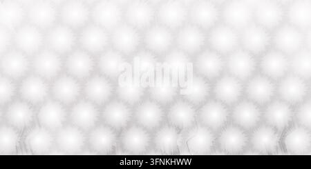 A repeating hexagonal grid featuring bright, glowing starburst or dandelion-like circular motifs with a soft, ethereal light effect in shades of grey. Stock Photo