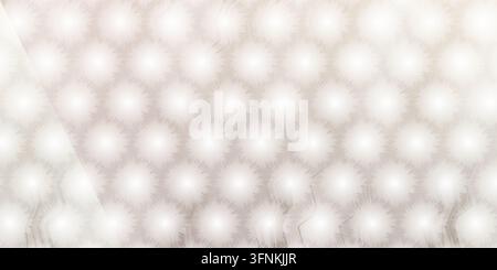 A repeating hexagonal grid featuring glowing white circular orbs with soft, spiked edges, creating a bright, textured, and ethereal visual effect. Stock Photo