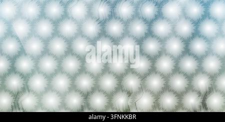 A seamless abstract pattern featuring bright, glowing white starburst circles arranged in a geometric hexagonal grid with a blue to green gradient. Stock Photo