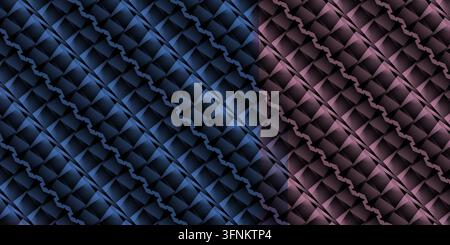 An abstract design showcasing a geometric patterned background split vertically between blue and pink color tones. Stock Photo