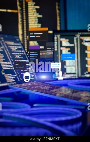 AI Assistant Chatbot Interface With Programming Code Screens, Software Development and Digital Automation Technology Stock Photo